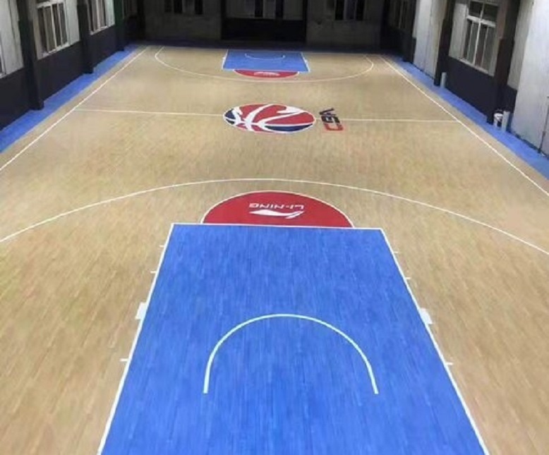 PVC Basketball Court-Maple&Blue wood embossed